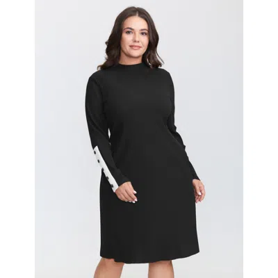 Bloomchic Women's Plus Size Supersoft Mockneck Button Midi Dress Black Synthetic Texture Knee Casual Texture 1