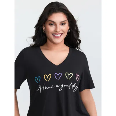 Bloomchic Women's Plus Size Supersoft Multi-color Heart Print T-shirt Black Non Casual Short Sleeve 10/m