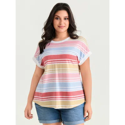 Bloomchic Women's Plus Size Supersoft Multicolor Striped Round Neck T-shirt Multicolor Stripes Casual Short Sl