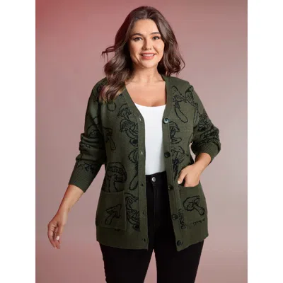 Bloomchic Women's Plus Size Supersoft Mushroom Print Button-down Cardigan Armygreen Long Sleeve 30/6x