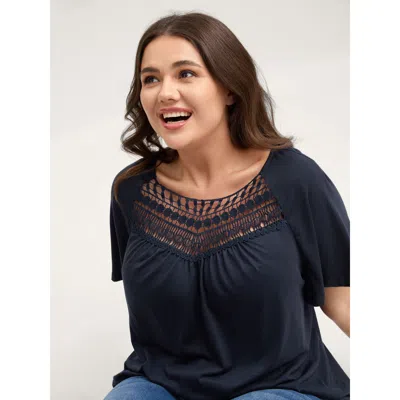 Bloomchic Women's Plus Size Supersoft Neckline Sheer Lace Neck T-shirt Indigo Non Casual Short Sleeve 12/l In Purple