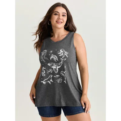 Bloomchic Women's Plus Size Supersoft Ocean Print Round Neck Tank Top Dimgray Casual A-line Round Neck 10/m