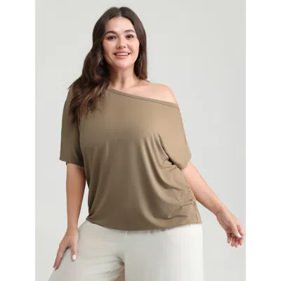 Bloomchic Women's Plus Size Supersoft One-shoulder Draped Plain Knit Top Tan Half Sleeve Casual 12/l In Brown