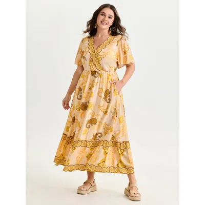 Bloomchic Women's Plus Size Supersoft Paisley Print V-neck Midi Dress Turmeric Paisley Maxi Vacation Wrap / Ov In Yellow