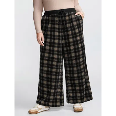 Bloomchic Women's Plus Size Supersoft Plaid Color Contrast Wide-leg Pants Darkbrown Plaid Wide Leg Mid Rise Ca In Brown