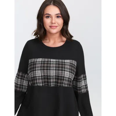 Bloomchic Women's Plus Size Supersoft Plaid Pattern T-shirt Black Plaid Casual Long Sleeve Round Neck 12/l