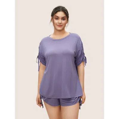 Bloomchic Women's Plus Size Supersoft Plain Gathered Drawstring Sleeve Pajama Top Lavender Plain Short Sleeve  In Purple