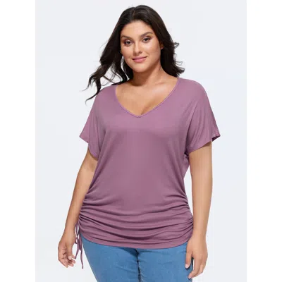 Bloomchic Women's Plus Size Supersoft Plain Ruched Sides T-shirt Mauve Solid Casual Short Sleeve V-neck 26/4x In Purple