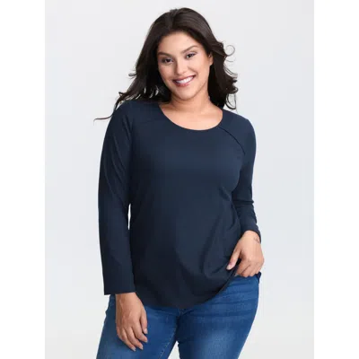Bloomchic Women's Plus Size Supersoft Pleated Detail Fitted T-shirt Indigo Solid Casual Long Sleeve Round Neck In Purple