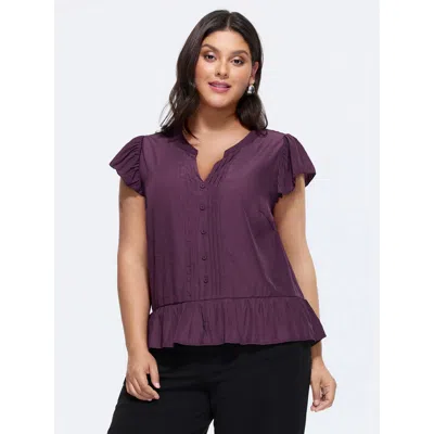 Bloomchic Women's Plus Size Supersoft Pleated Front Ruffled Hem Plain Blouse Eggplant Solid Office Cap Sleeve  In Purple