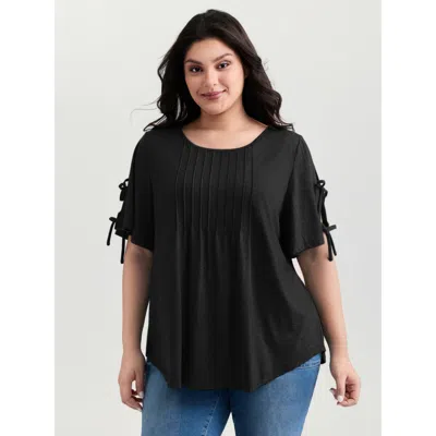 Bloomchic Women's Plus Size Supersoft Pleated Knot-tie Sleeve T-shirt Pureblack Non Casual Half Sleeve 12/l