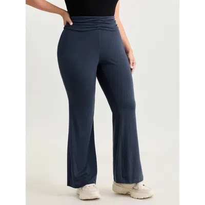 Bloomchic Women's Plus Size Supersoft Pleated Waistband Bootcut Leggings Darkblue Slight Flare Mid Rise Casual In Blue