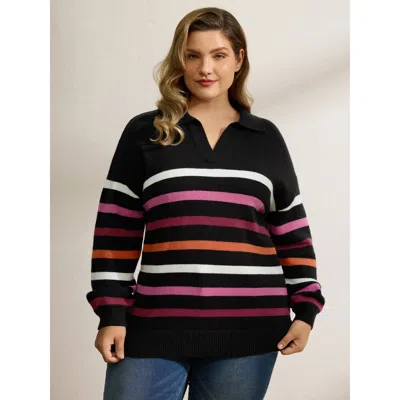 Bloomchic Women's Plus Size Supersoft Polo Collar Colorful Stripes Pullover Black Long Sleeve 12/l