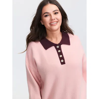 Bloomchic Women's Plus Size Supersoft Polo Collar Contrast Pullover Beanpastepowder Long Sleeve 10/m