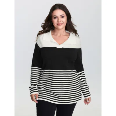Bloomchic Women's Plus Size Supersoft Polo Collar Striped Colorblock Pullover Black Not Graphics Long Sleeve P