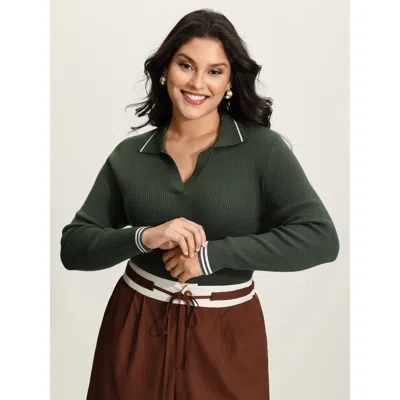 Bloomchic Women's Plus Size Supersoft Polo Collar Textured Fitted Pullover Armygreen Long Sleeve 18-20/2x