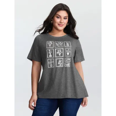 Bloomchic Women's Plus Size Supersoft Printed Collage Round Neck T-shirt Dimgray Tropical Casual Short Sleeve 