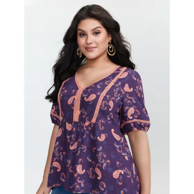 Bloomchic Women's Plus Size Supersoft Printed High Low Hem Blouse Indigo Paisley Vacation Half Sleeve 10/m In Purple