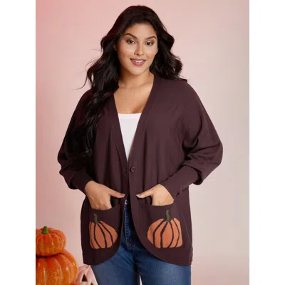 Bloomchic Women's Plus Size Supersoft Pumpkin Pockets Supersoft Curvy Hem Cardigan Browncoffeecolor Long Sleev