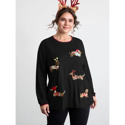 Bloomchic Women's Plus Size Supersoft Puppy Embroidery Contrast T-shirt Black Christmas Casual Long Sleeve Rou