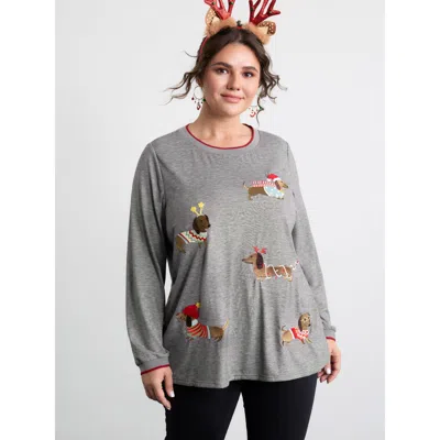 Bloomchic Women's Plus Size Supersoft Puppy Embroidery Contrast T-shirt Darkgray Christmas Casual Long Sleeve  In Gray