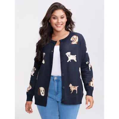 Bloomchic Women's Plus Size Supersoft Puppy Pattern Button Knit Cardigan Navy Long Sleeve Round Neck 28/5x In Blue
