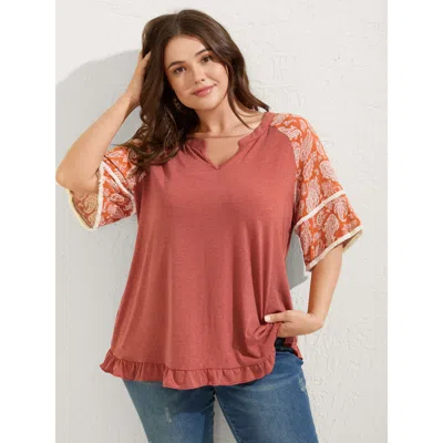 Bloomchic Women's Plus Size Supersoft Rayon Tassel Paisley Sleeve T-shirt Coral Paisley Vacation Short Sleeve  In Orange
