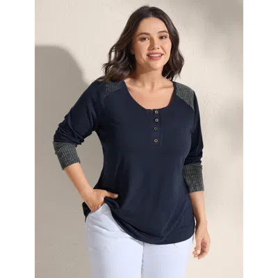 Bloomchic Women's Plus Size Supersoft Ribbed Button Neckline Fitted T-shirt Indigo Color Block Casual Long Sle In Purple