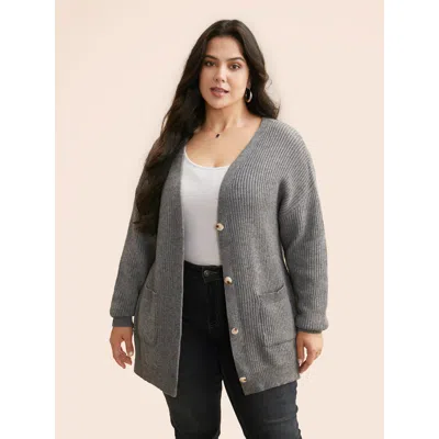 Bloomchic Women's Plus Size Supersoft Ribbed Drop Shoulder Wool Cardigan Mediumgray Long Sleeve 14-16/1x