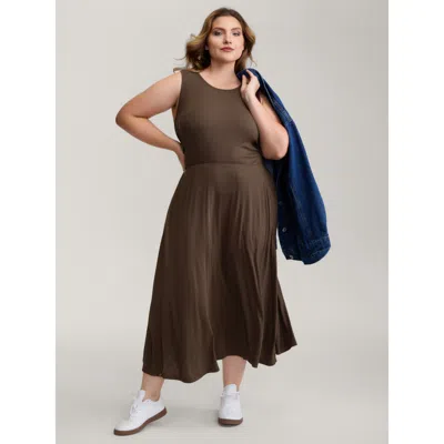 Bloomchic Women's Plus Size Supersoft Ribbed Knit Cinched-waist A-line Maxi Dress Darkbrown Non Midi Casual Te In Brown