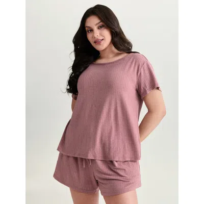 Bloomchic Women's Plus Size Supersoft Ribbed Plain Two-piece Lounge Set Dustypink Short Sleeve Lace-up 10/m In Pink