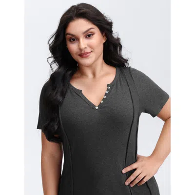 Bloomchic Women's Plus Size Supersoft Ribbed Split Neckline Fitted T-shirt Dimgray Non Casual Short Sleeve 12/