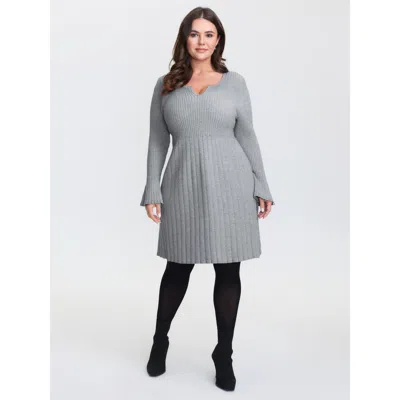 Bloomchic Women's Plus Size Supersoft Ribbed Split Neckline Flared Cuff Mini Dress Darkgray Non Short Texture  In Gray