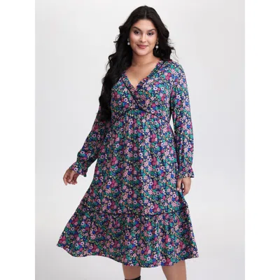Bloomchic Women's Plus Size Supersoft Ribbon Floral Print Midi Dress Indigo Ditsy Floral Midi Elegant Woven Ri In Purple