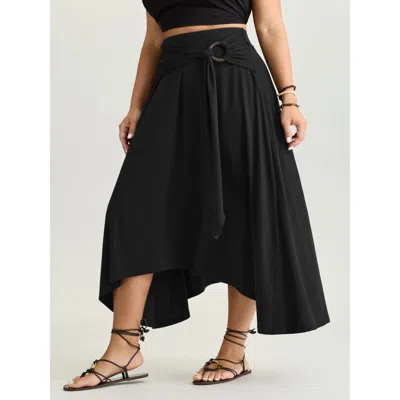 Bloomchic Women's Plus Size Supersoft Ring Detail Tie Asymmetrical Hem Midi Skirt Black Non Flared Vacation 10