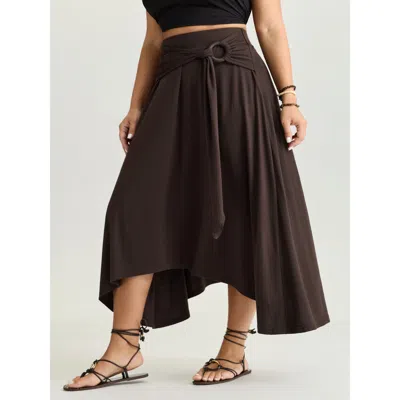 Bloomchic Women's Plus Size Supersoft Ring Detail Tie Asymmetrical Hem Midi Skirt Browncoffeecolor Non Flared 
