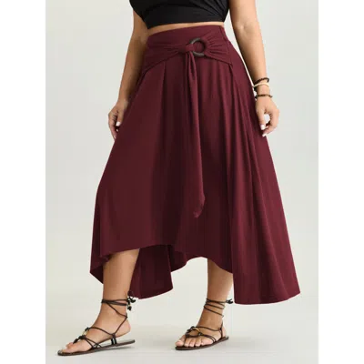 Bloomchic Women's Plus Size Supersoft Ring Detail Tie Asymmetrical Hem Midi Skirt Deepred Non Flared Vacation  In Red