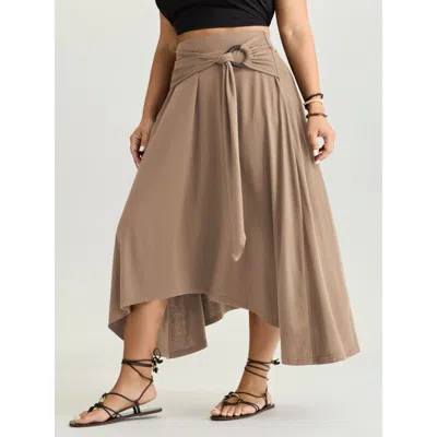Bloomchic Women's Plus Size Supersoft Ring Detail Tie Asymmetrical Hem Midi Skirt Tan Non Flared Vacation 12/l In Brown