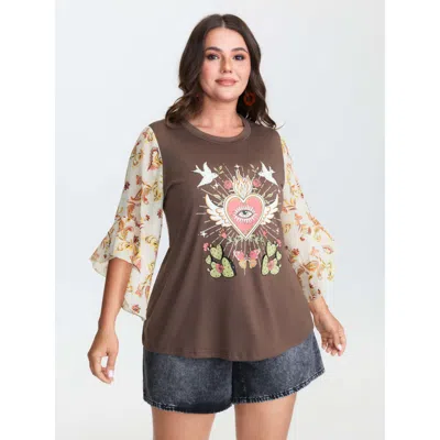 Bloomchic Women's Plus Size Supersoft Romantic Color Contrast T-shirt Browncoffeecolor Graphic Vacation 3/4 Sl