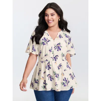 Bloomchic Women's Plus Size Supersoft Rose Print V-neck Blouse Beige Floral Casual Short Sleeve 28/5x In Sand