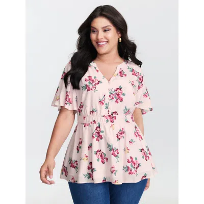 Bloomchic Women's Plus Size Supersoft Rose Print V-neck Blouse Lightpink Floral Casual Short Sleeve 10/m