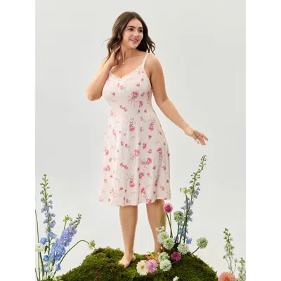 Bloomchic Women's Plus Size Supersoft Rosy Print Lace Nightgown Lightpink Sleeveless Midi Sweetheart Neck 10/m