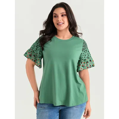 Bloomchic Women's Plus Size Supersoft Round Neck Color Block Floral Sleeve T-shirt Malachitegreen Polka Dots C