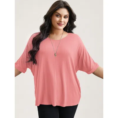 Bloomchic Women's Plus Size Supersoft Round Neck Plain T-shirt Beanpastepowder Solid Casual 3/4 Sleeve Scoop N