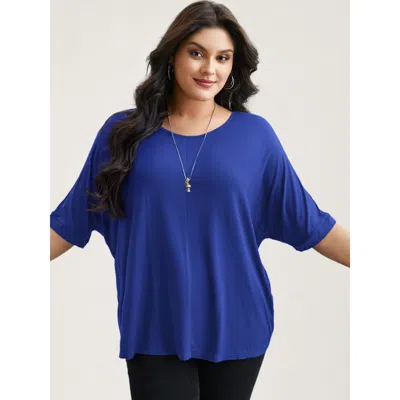 Bloomchic Women's Plus Size Supersoft Round Neck Plain T-shirt Brightblue Solid Casual 3/4 Sleeve Scoop Neck 1 In Blue