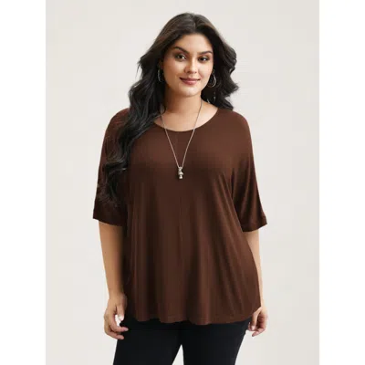Bloomchic Women's Plus Size Supersoft Round Neck Plain T-shirt Browncoffeecolor Solid Casual 3/4 Sleeve Scoop 