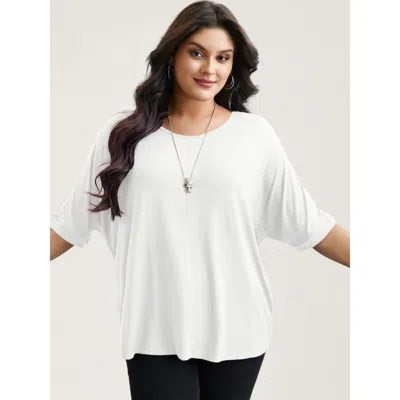 Bloomchic Women's Plus Size Supersoft Round Neck Plain T-shirt Originalwhite Solid Casual 3/4 Sleeve Scoop Nec