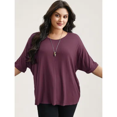 Bloomchic Women's Plus Size Supersoft Round Neck Plain T-shirt Plum Solid Casual 3/4 Sleeve Scoop Neck 18-20/2 In Purple