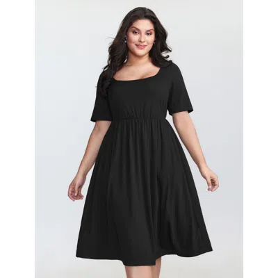 Bloomchic Women's Plus Size Supersoft Round Neckline Plain Midi Dress Black Solid Midi Casual Gathered 10/m