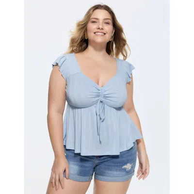 Bloomchic Women's Plus Size Supersoft Ruched Sweetheart Neckline Ruffled Sleeve Top Lightblue Cap Sleeve Vacat In Blue